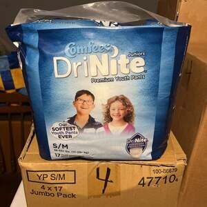 Comfees DriNite Juniors Premium Youth Diapers S/M 38-65+ lbs. 17 per pack